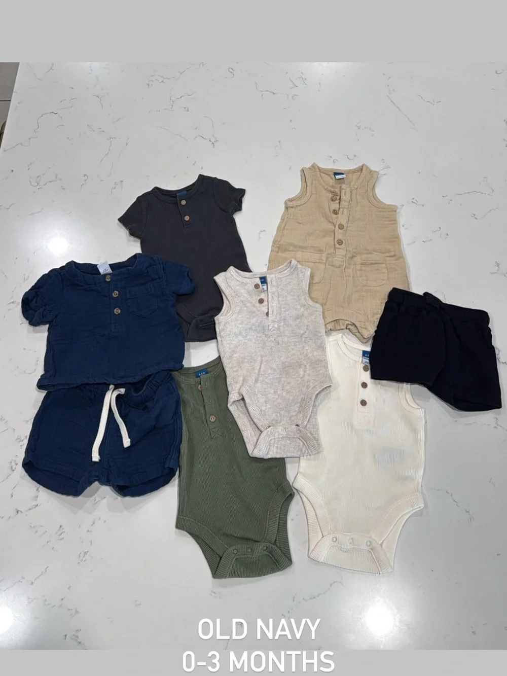 Old Navy Navy, Tan, Olive & Cream Baby Bodysuit and Shorts Mix